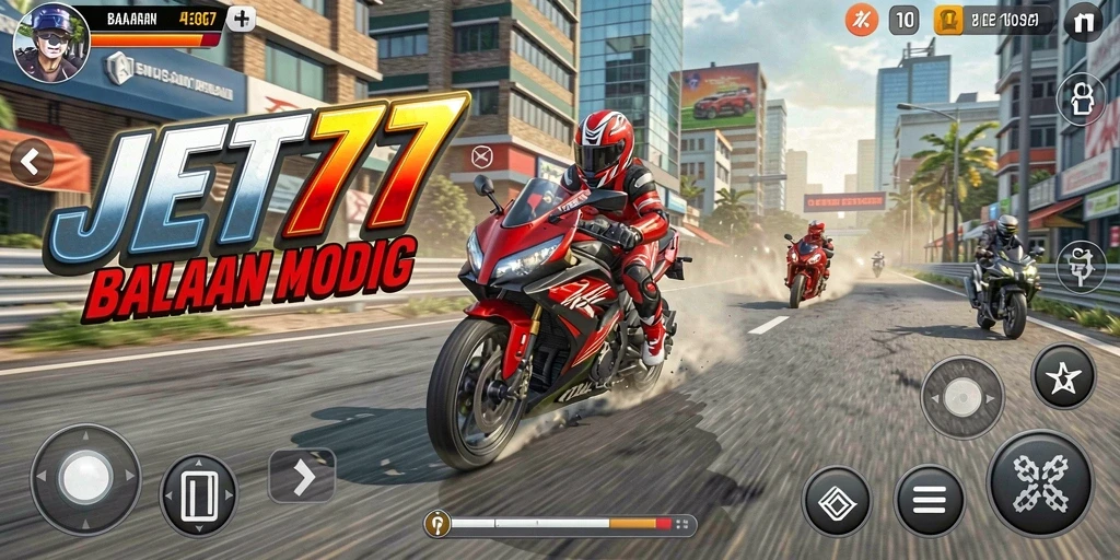 Screenshot tampilan gameplay seru JET77 saat balapan motor.