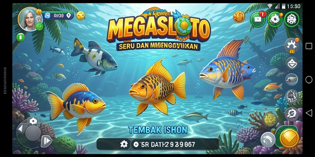 Tampilan gameplay MEGASLOTO saat berburu ikan di bawah laut.