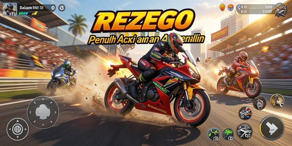 Tangkapan layar gameplay REZEGO menampilkan aksi balapan motor yang mendebarkan.
