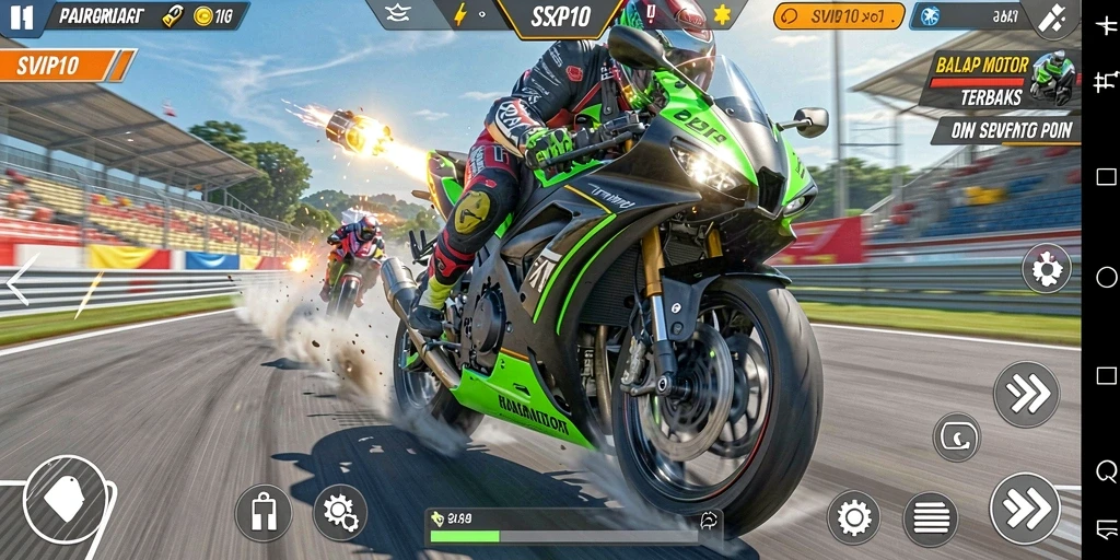 Tampilan gameplay SVIP10 dengan aksi balap motor yang mendebarkan.